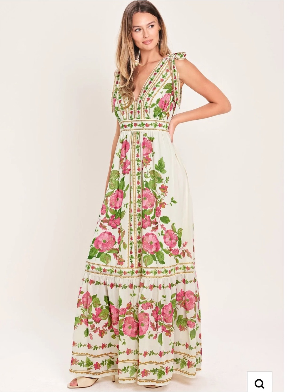 Flying Tomato Floral Tie-Shoulder Maxi Dress in Cream and Pink